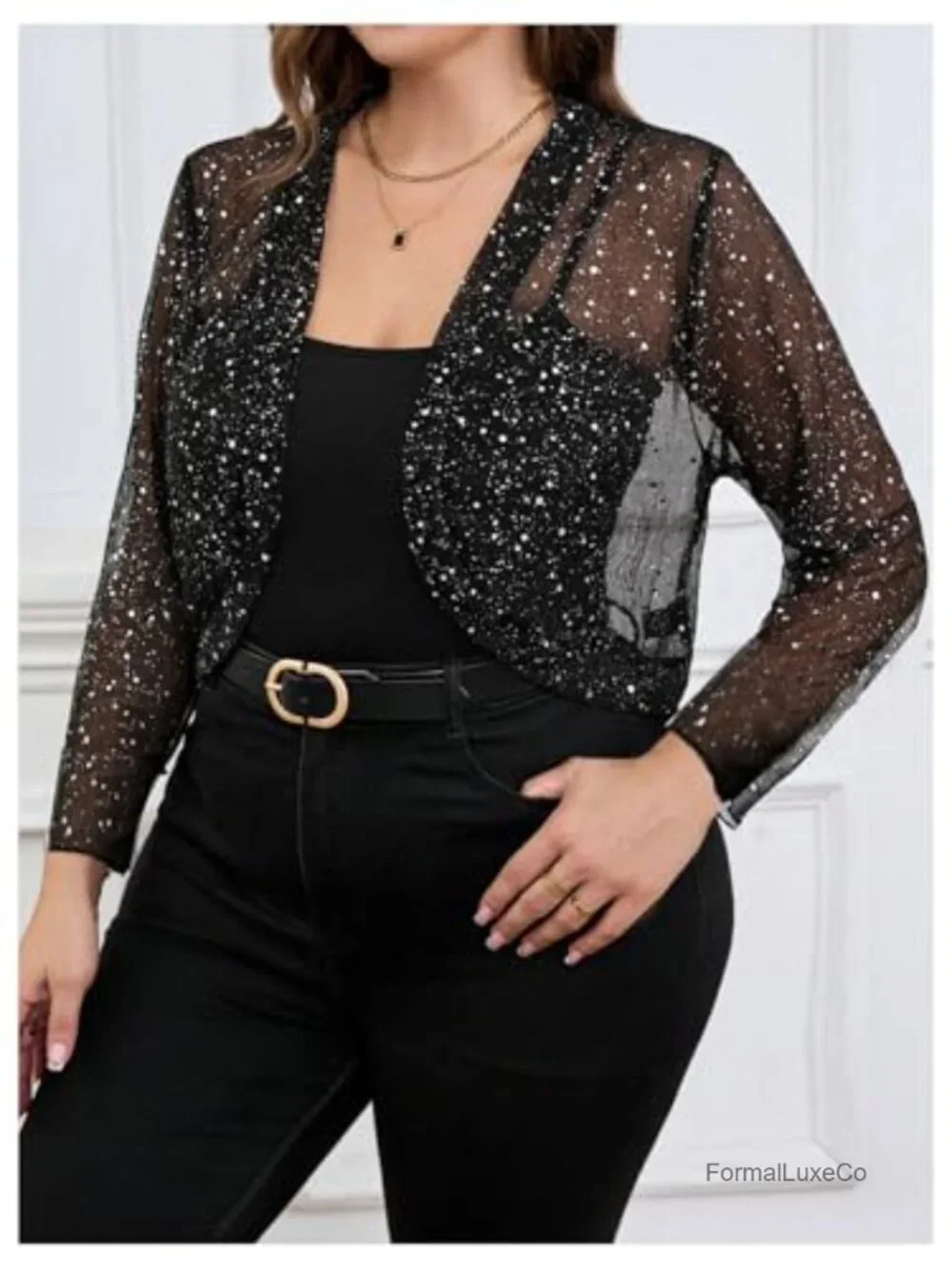 Plus Size Sequin Sheer Bolero Shrug Open Front Long Sleeve Party Cropped
